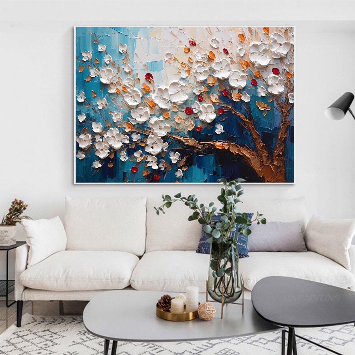 White Blossom Tree Impasto on Deep Blue Night Oil Painting Art Print - Image 5