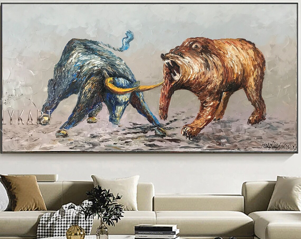 Wall Street Bull vs Bear Impasto Oil Painting Stock Market Art Poster - Image 2