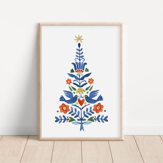 Scandinavian Folk Art Christmas Tree Birds Flowers Art Poster