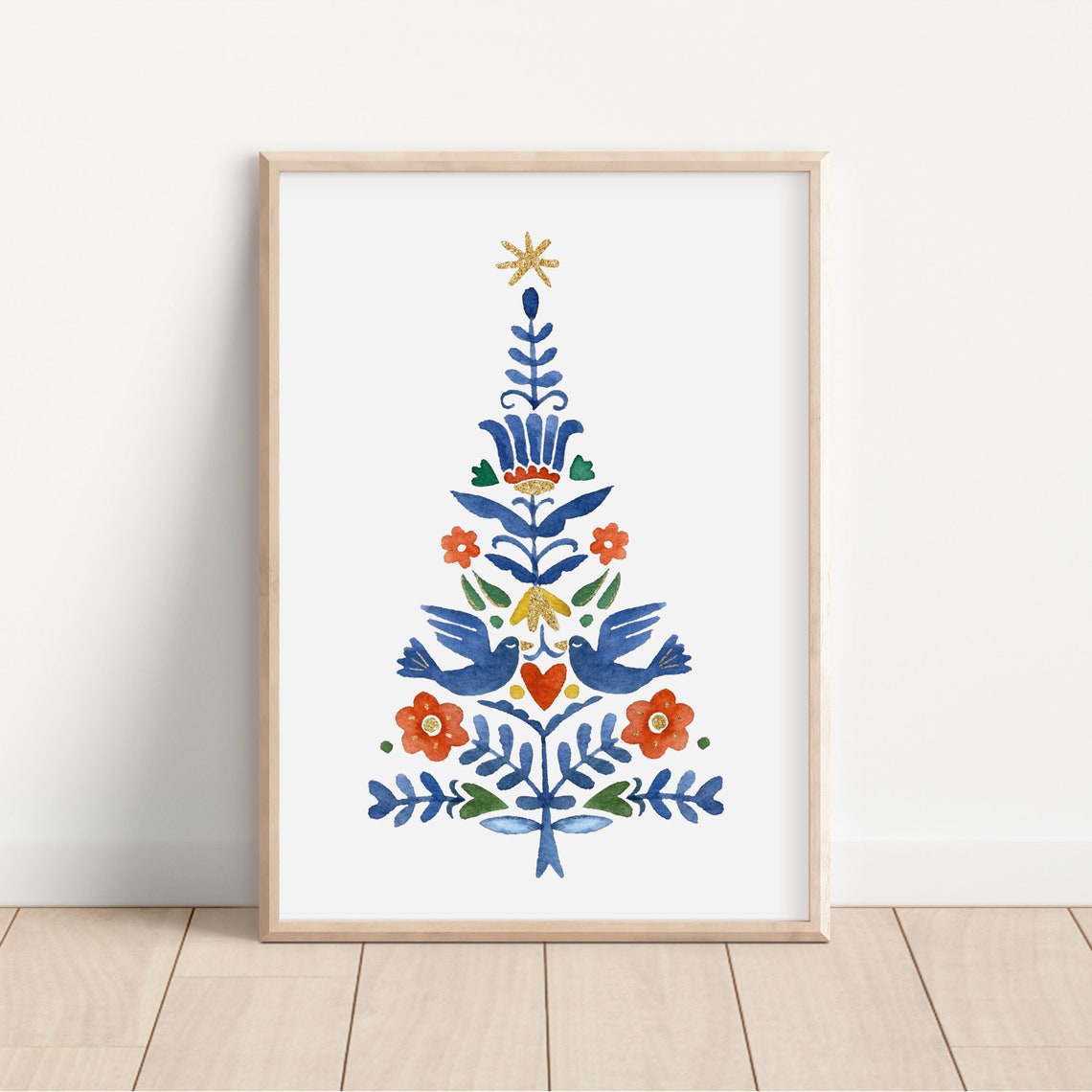Scandinavian Folk Art Christmas Tree Birds Flowers Art Poster