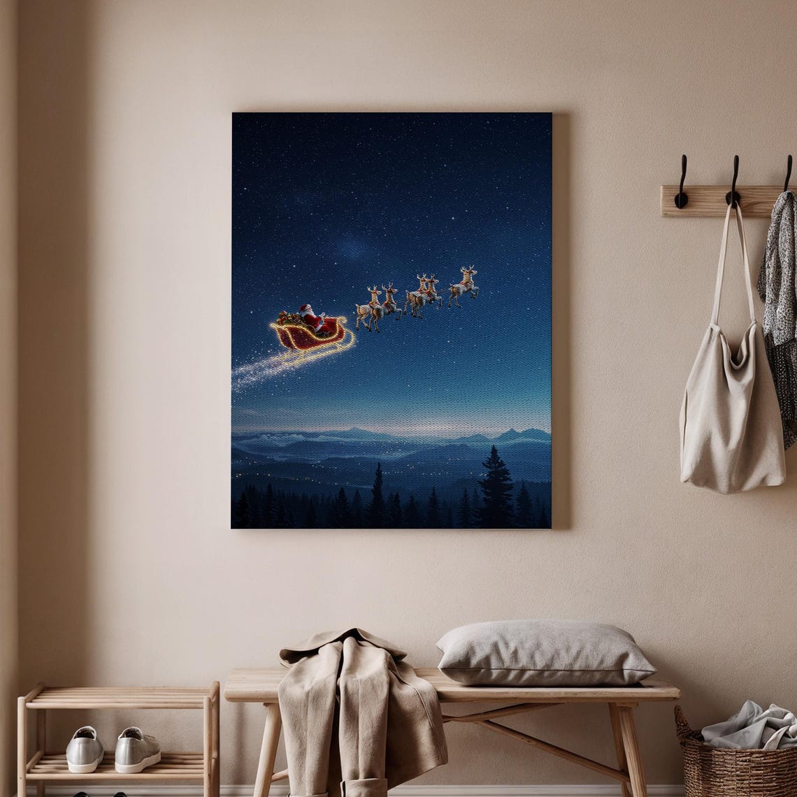 Santa Sleigh Ride Reindeer Starry Christmas Night Sky Poster