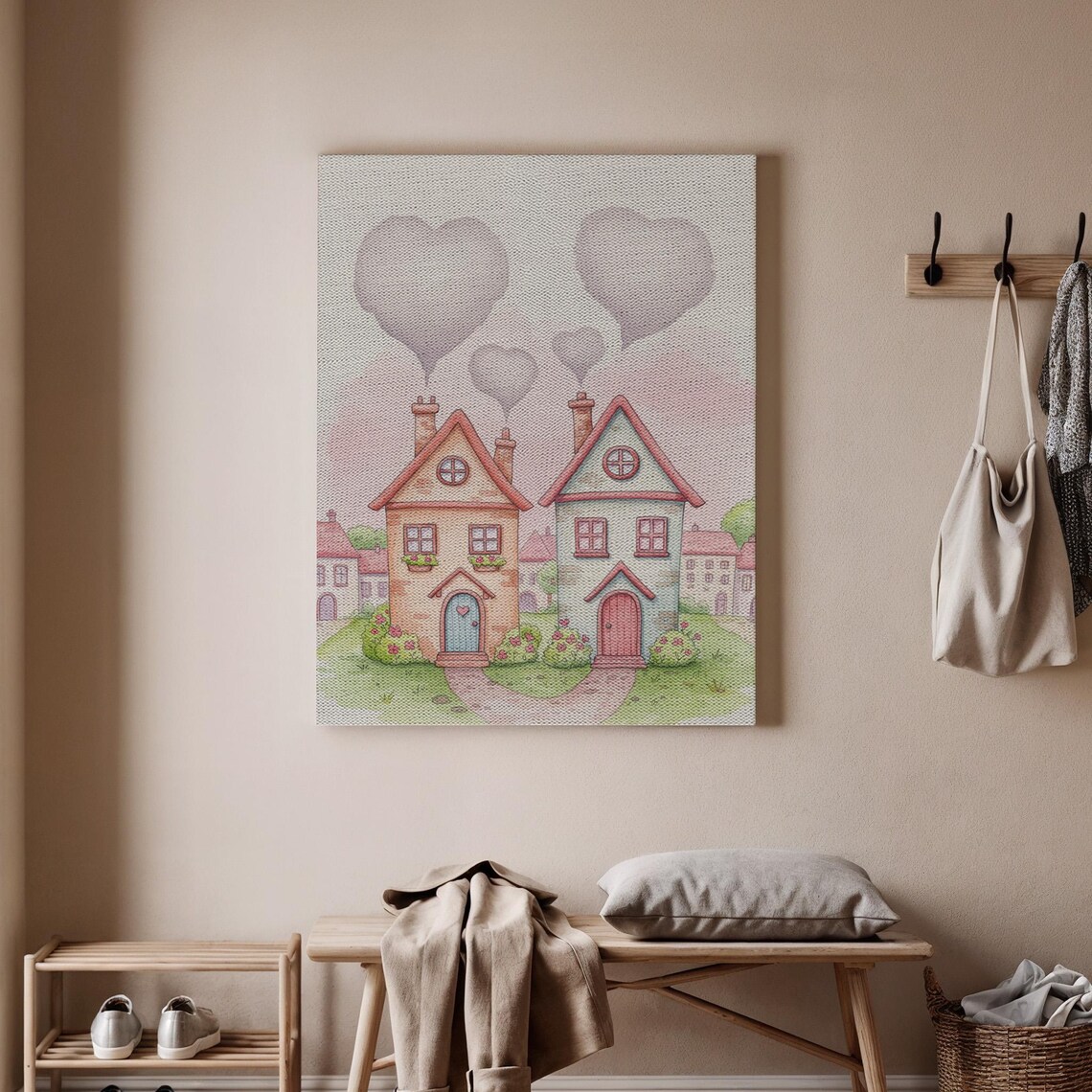 Romantic Couple Houses Heart Chimney Smoke Cute Village Love Poster