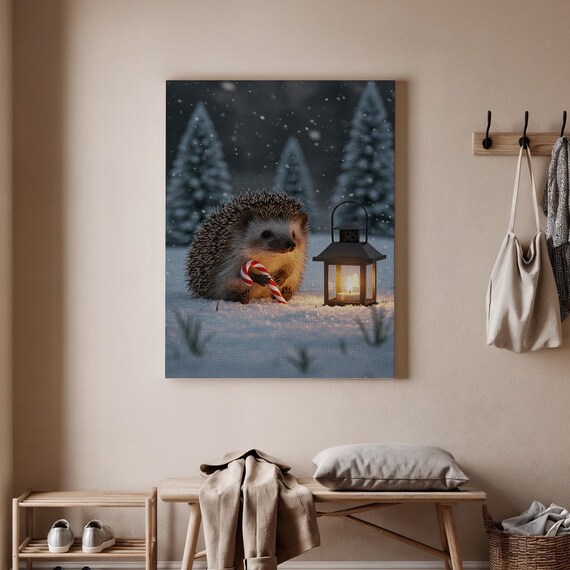 Christmas Hedgehog Winter Forest Snow Lantern Cute Holiday Print
