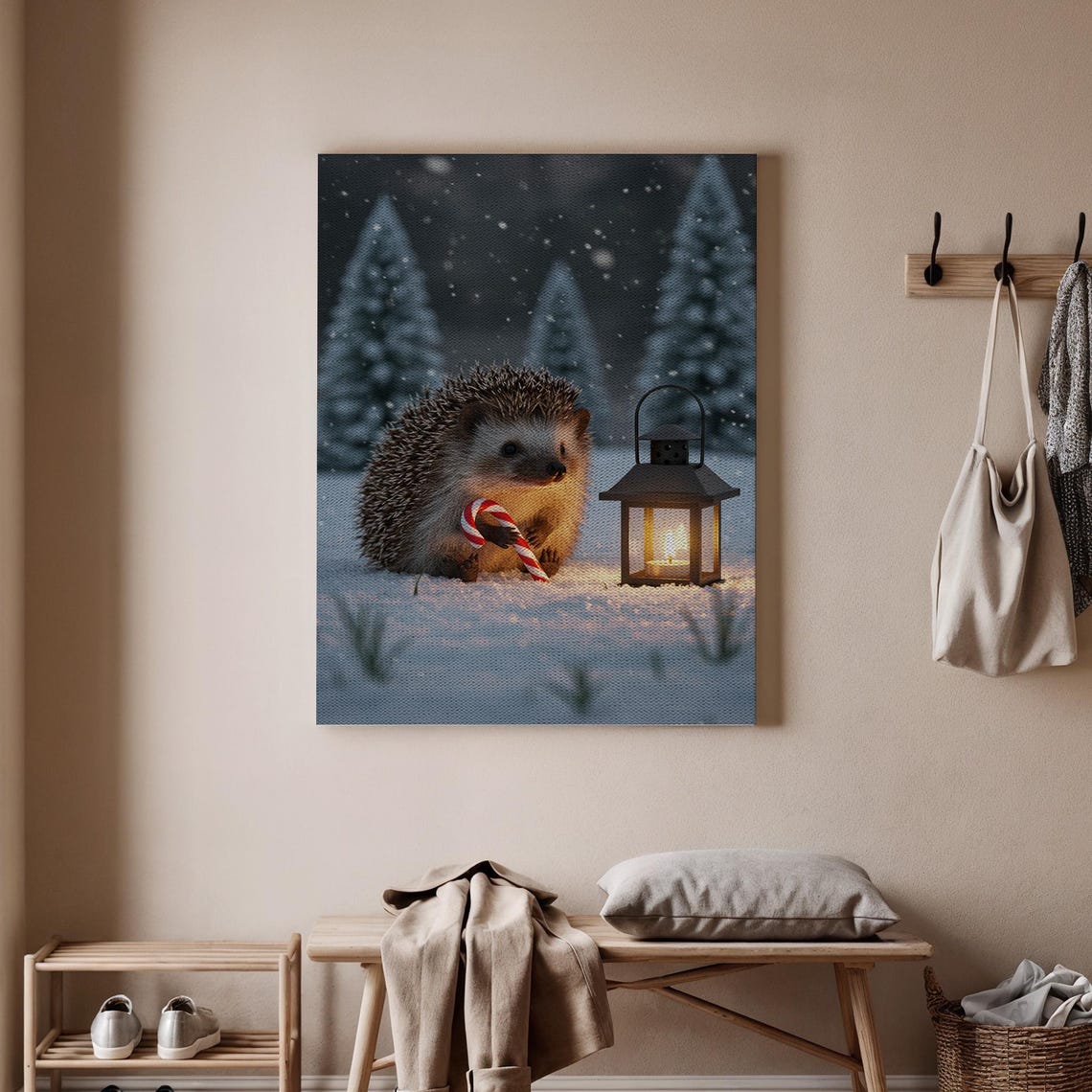 Christmas Hedgehog Winter Forest Snow Lantern Cute Holiday Print