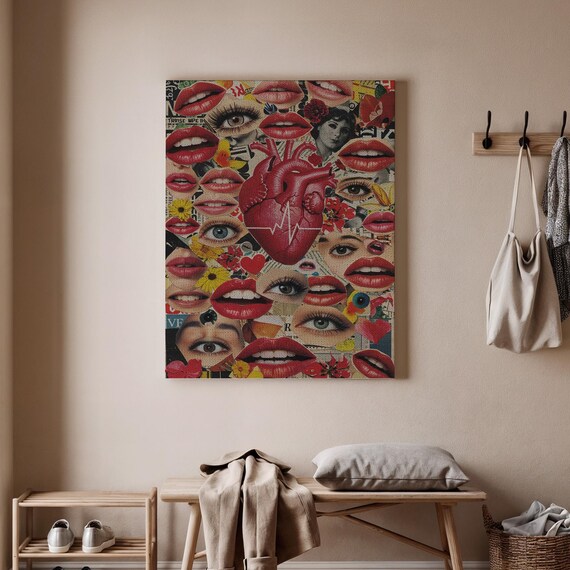 Surreal Love Collage Canvas Art Red Lips And Heart Wall Decor Abstract Pop For Modern Interiors Passionate Expressionist