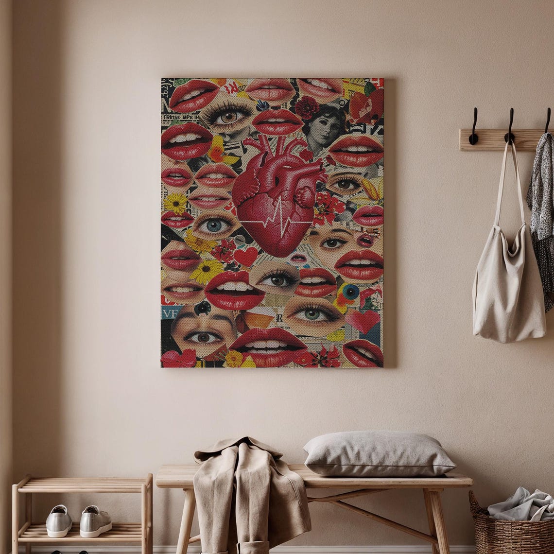 Pop Art Love Collage Red Lips Anatomical Heart EKG Line Poster