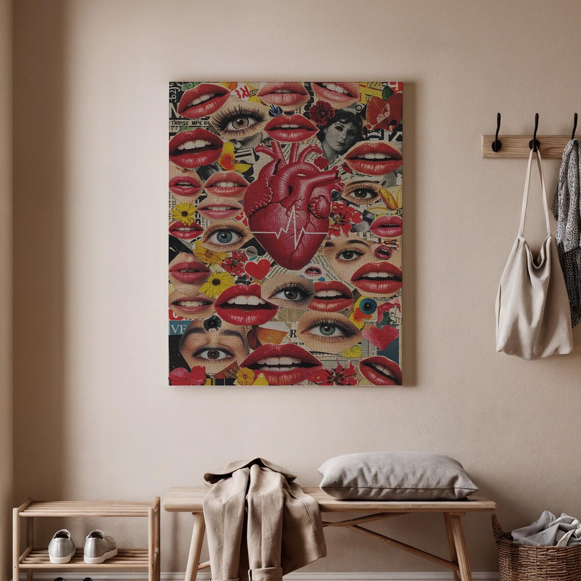 Surreal Love Collage Canvas Art Red Lips And Heart Wall Decor Abstract Pop For Modern Interiors Passionate Expressionist