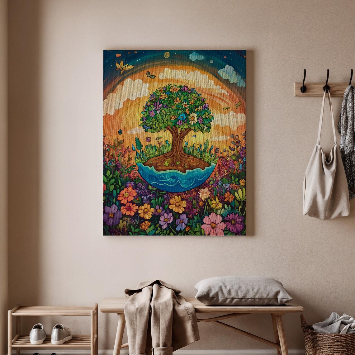 Tree Of Life Rainbow Garden Folk Art Colorful Floral Nature Poster