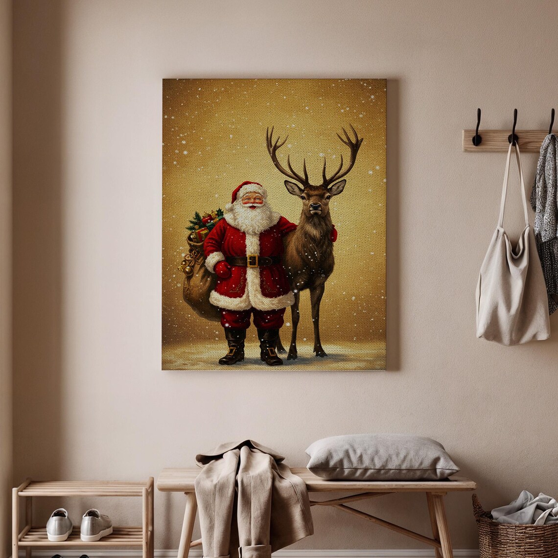 Santa Claus With Reindeer in Golden Snowfall Vintage Christmas Print