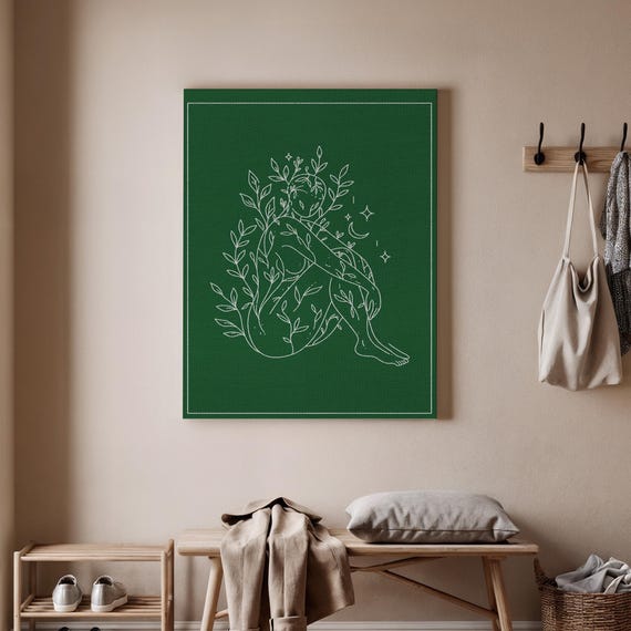 Minimalist Line Art Canvas Abstract Figure With Leaves And Moon Elegant Green Wall Decor For Bedroom Or Living Room