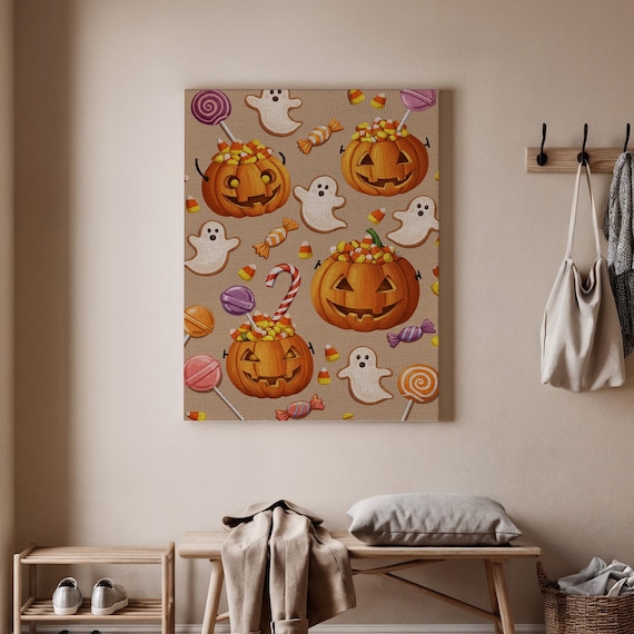 Halloween Candy Pumpkin Canvas Art Cute Ghosts With And Pumpkins Sweet Wall Decor Trick Or Treat Print