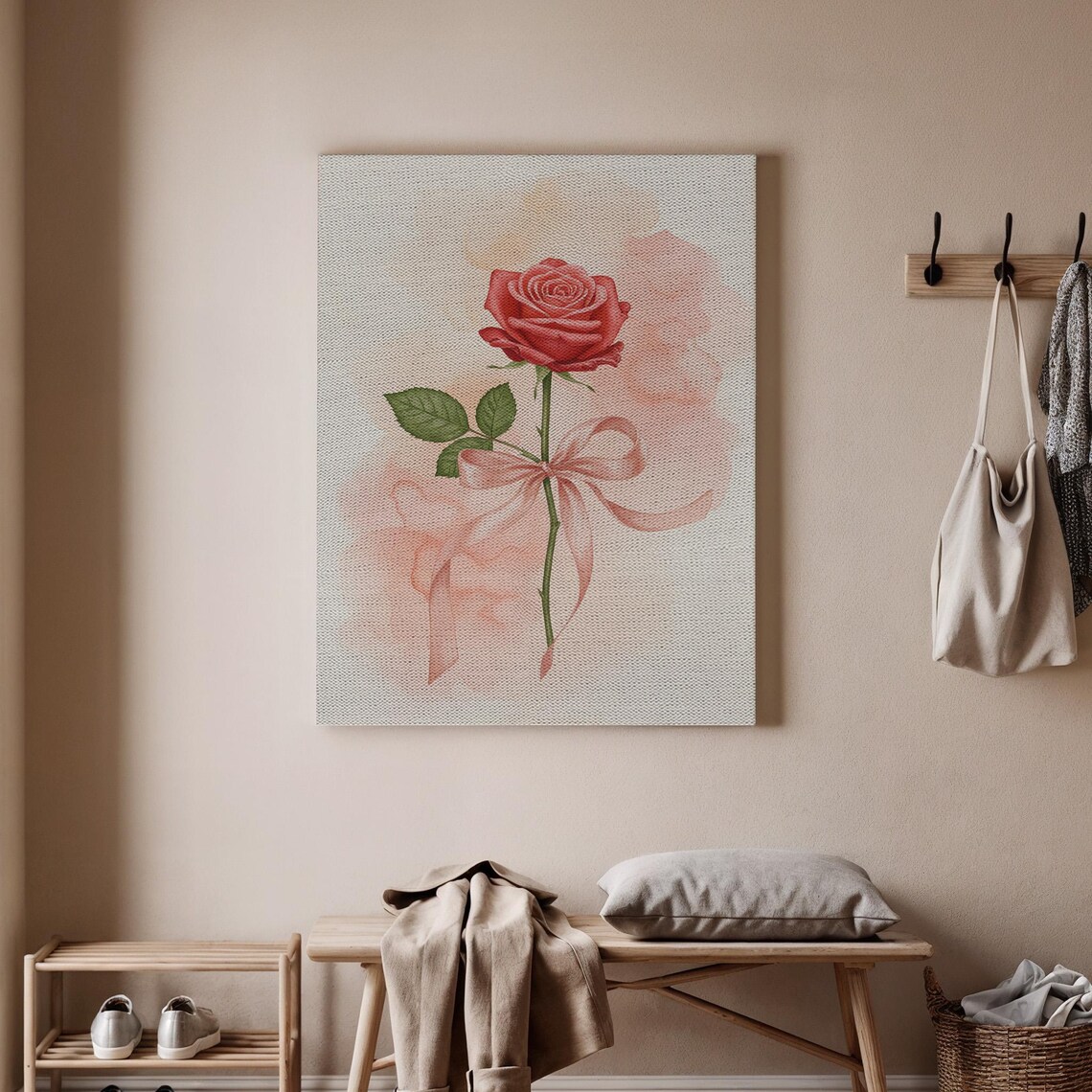 Romantic Pink Rose Watercolor Ribbon Bow Elegant Floral Print
