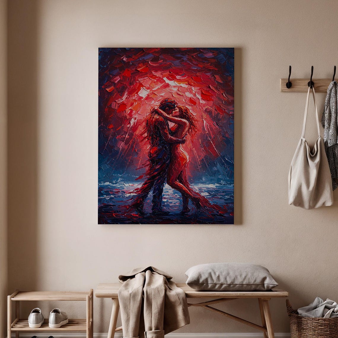 Abstract Oil Painting Passionate Couple Red Blue Impasto Poster