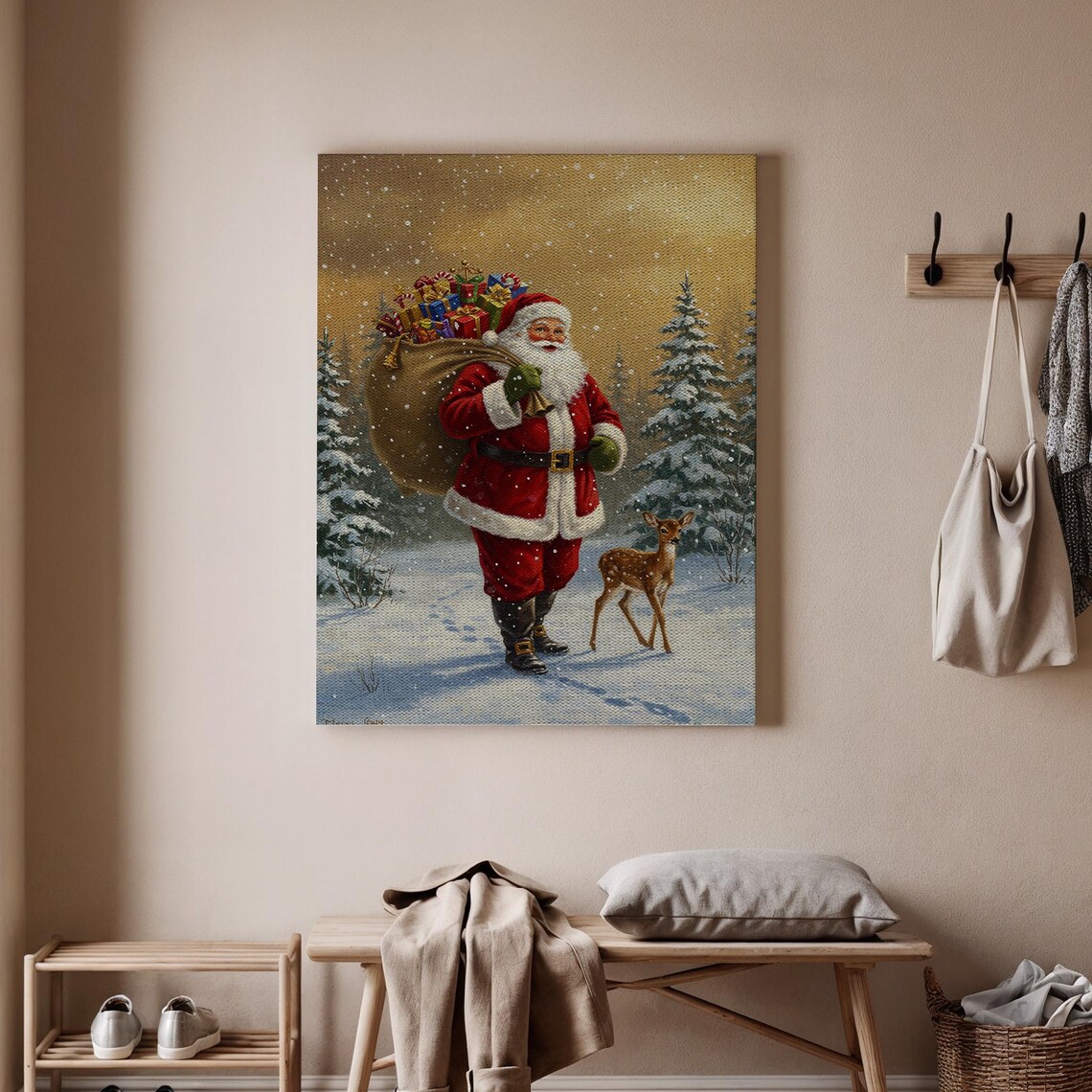 Vintage Santa Claus With Reindeer Fawn Snowy Christmas Scene Poster