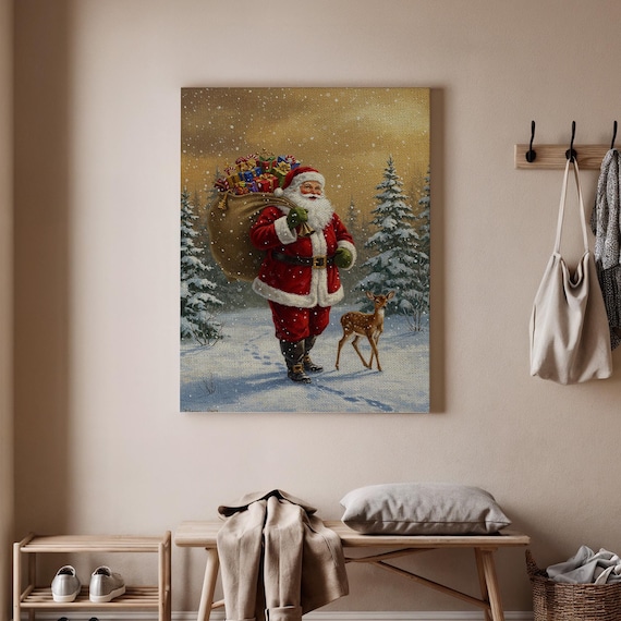 Vintage Santa Claus With Reindeer Fawn Snowy Christmas Scene Poster