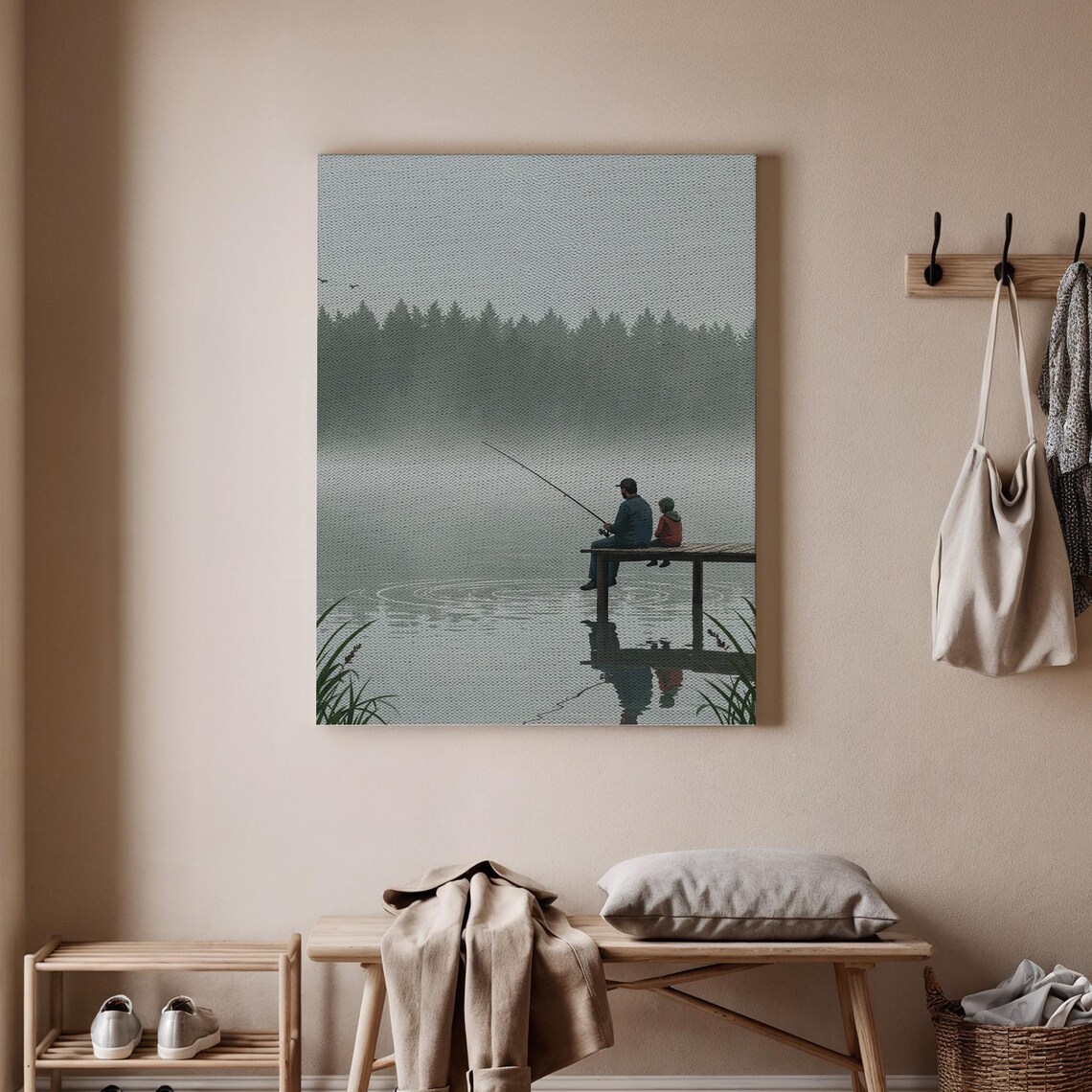 Father and Child Fishing Misty Lake Dock Serene Family Poster