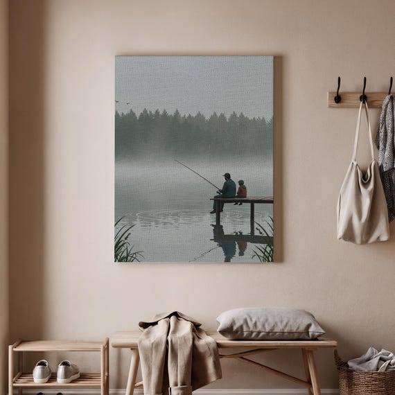 Father And Child Fishing Canvas Wall Art Lake Pier Print Rustic Nature Decor Sentimental Dad Gift Family Bonding Artwork