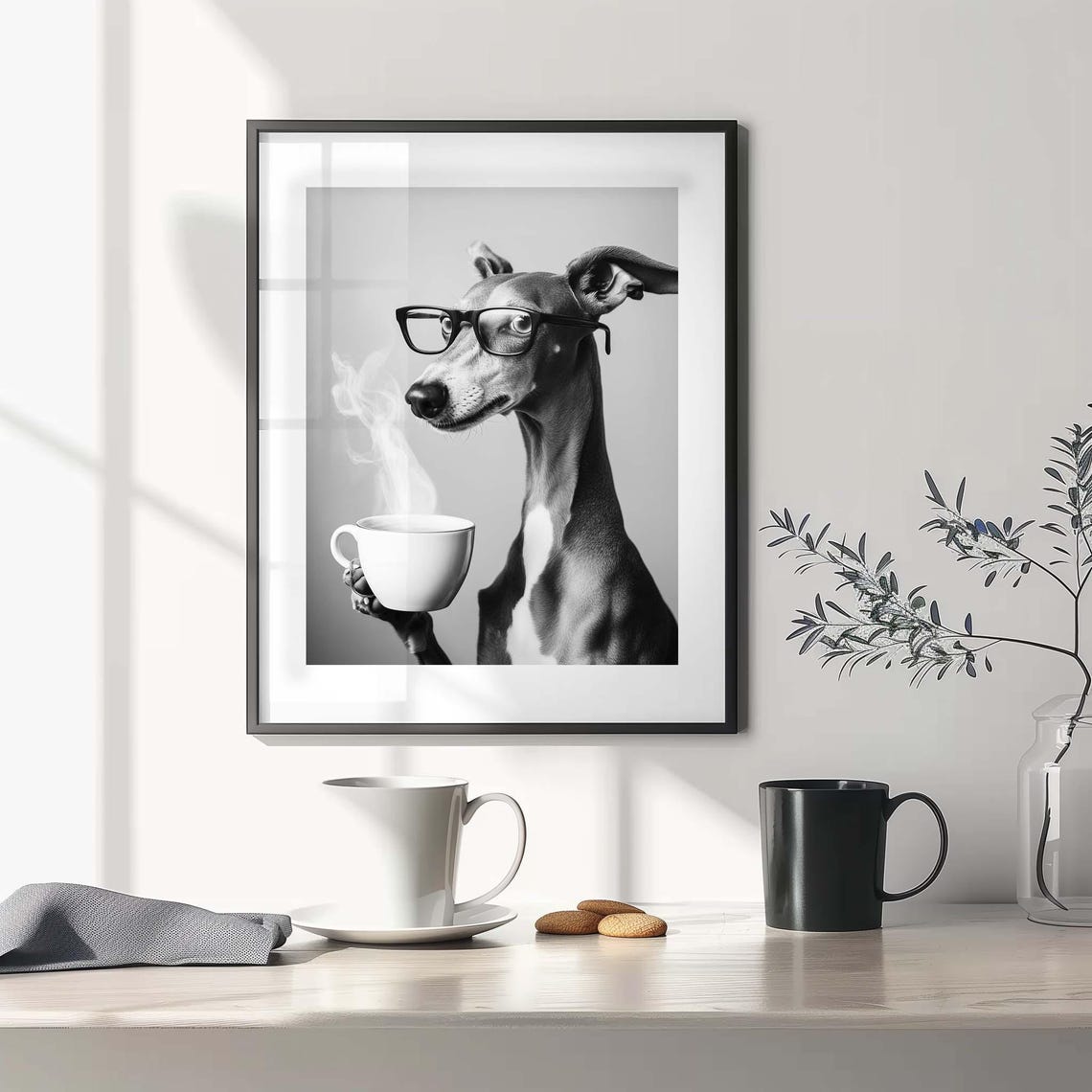 Greyhound with Glasses Holding Steaming Coffee Cup Funny Poster - Image 2