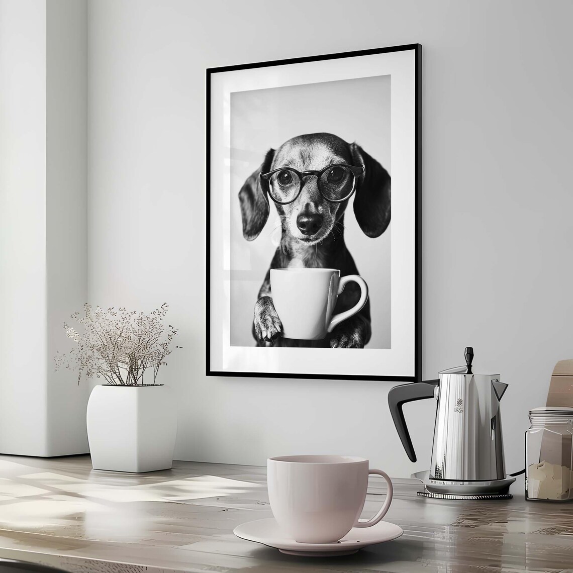 Dachshund Coffee Black and White Dog Poster - Image 3