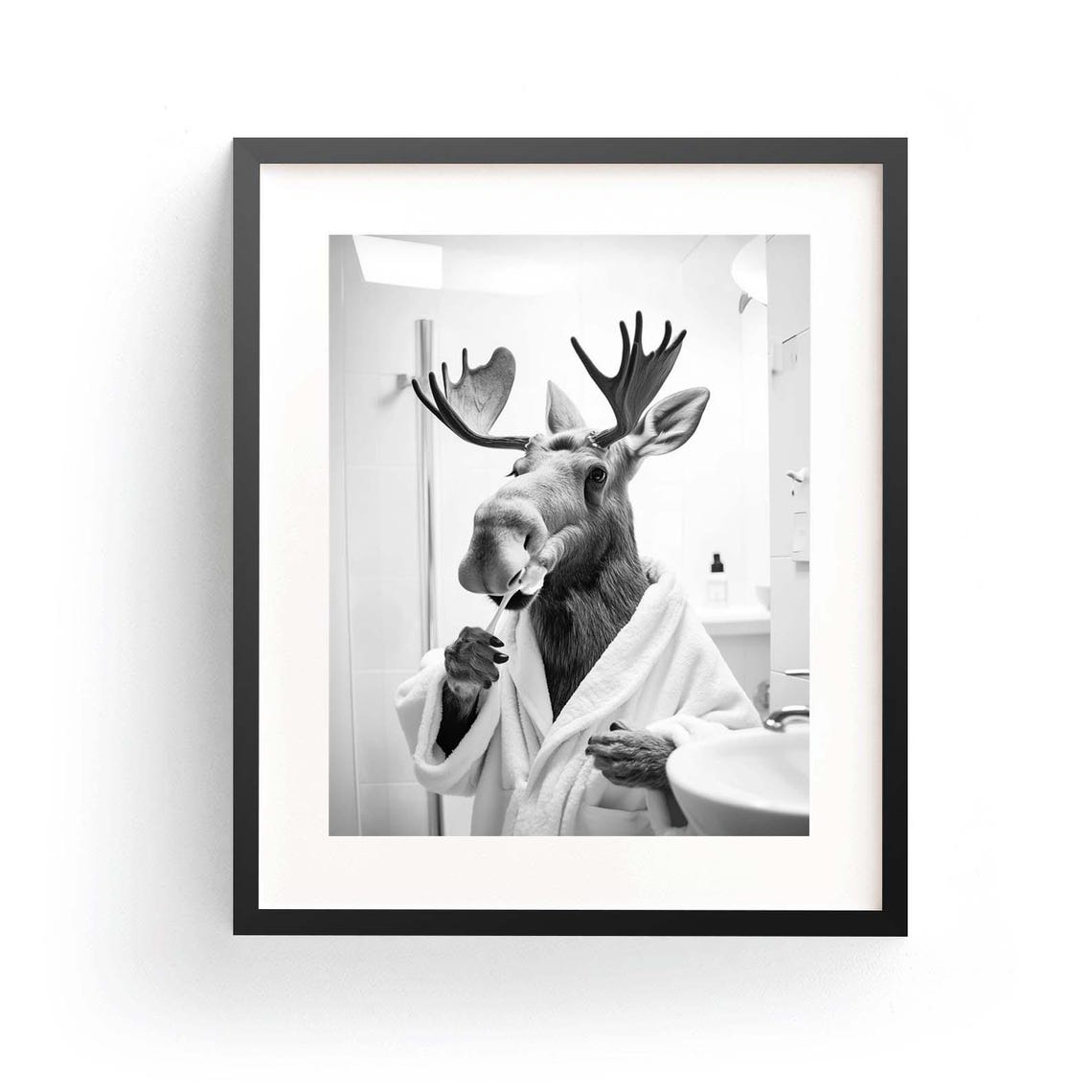 Moose in Bathrobe Brushing Teeth Funny Bathroom Animal Poster