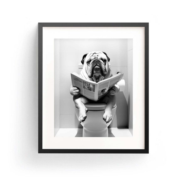 Bulldog Funny Bathroom Art Print, Whimsy Animal