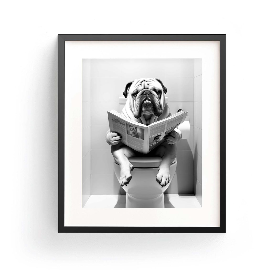 Bulldog Funny Bathroom Art Print, Whimsy Animal
