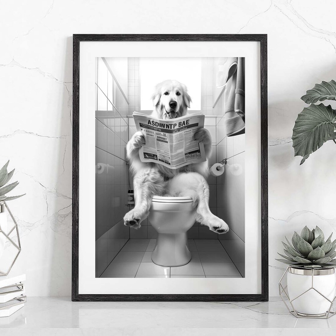 Great Pyrenees Reading Newspaper on Toilet Funny Bathroom Dog Poster - Image 2