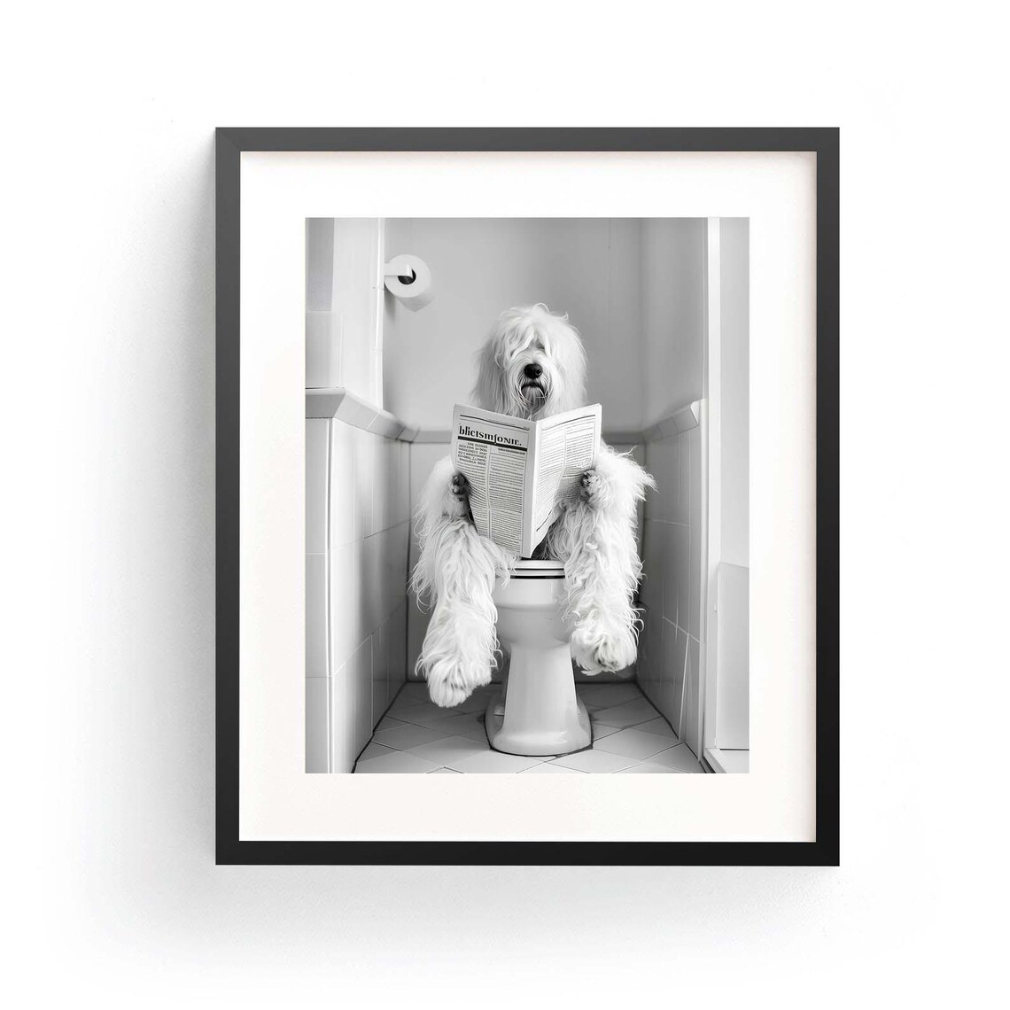 Old English Sheepdog Reading Newspaper on Toilet Funny Bathroom Poster