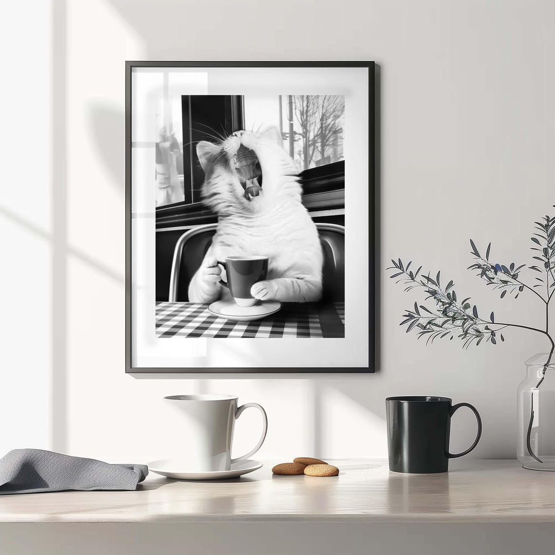 Yawning Cat with Coffee Cup at Cafe Table Funny Kitchen Animal Poster - Image 2
