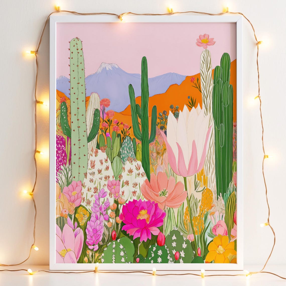 Vibrant Desert Blooming Cactus Garden Pink Sky Southwest Art Poster
