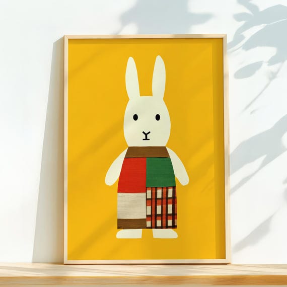 Patchwork Bunny Art Print Whimsical Scandinavian Nursery Wall Decor Bright Yellow Kids Room Playroom Poster