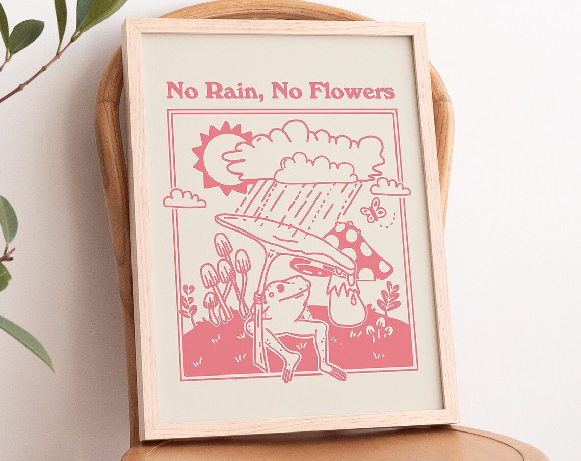 No Rain No Flowers Pink Frog Mushroom Rain Retro Affirmation Poster
