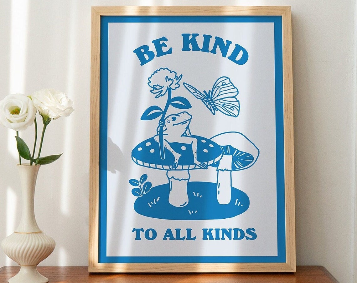 Be Kind To All Kinds Frog Mushroom Sapphire Blue Retro Poster - Image 3