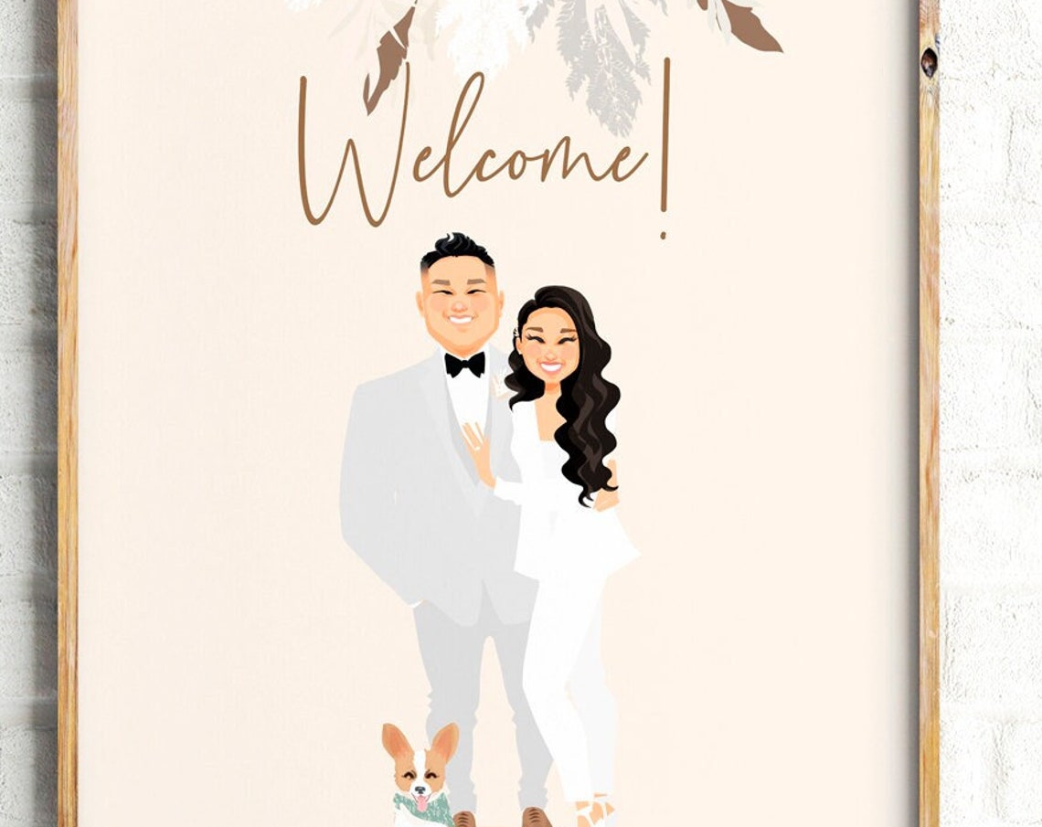 Welcome Custom Modern Wedding Couple Portrait with Corgi Poster