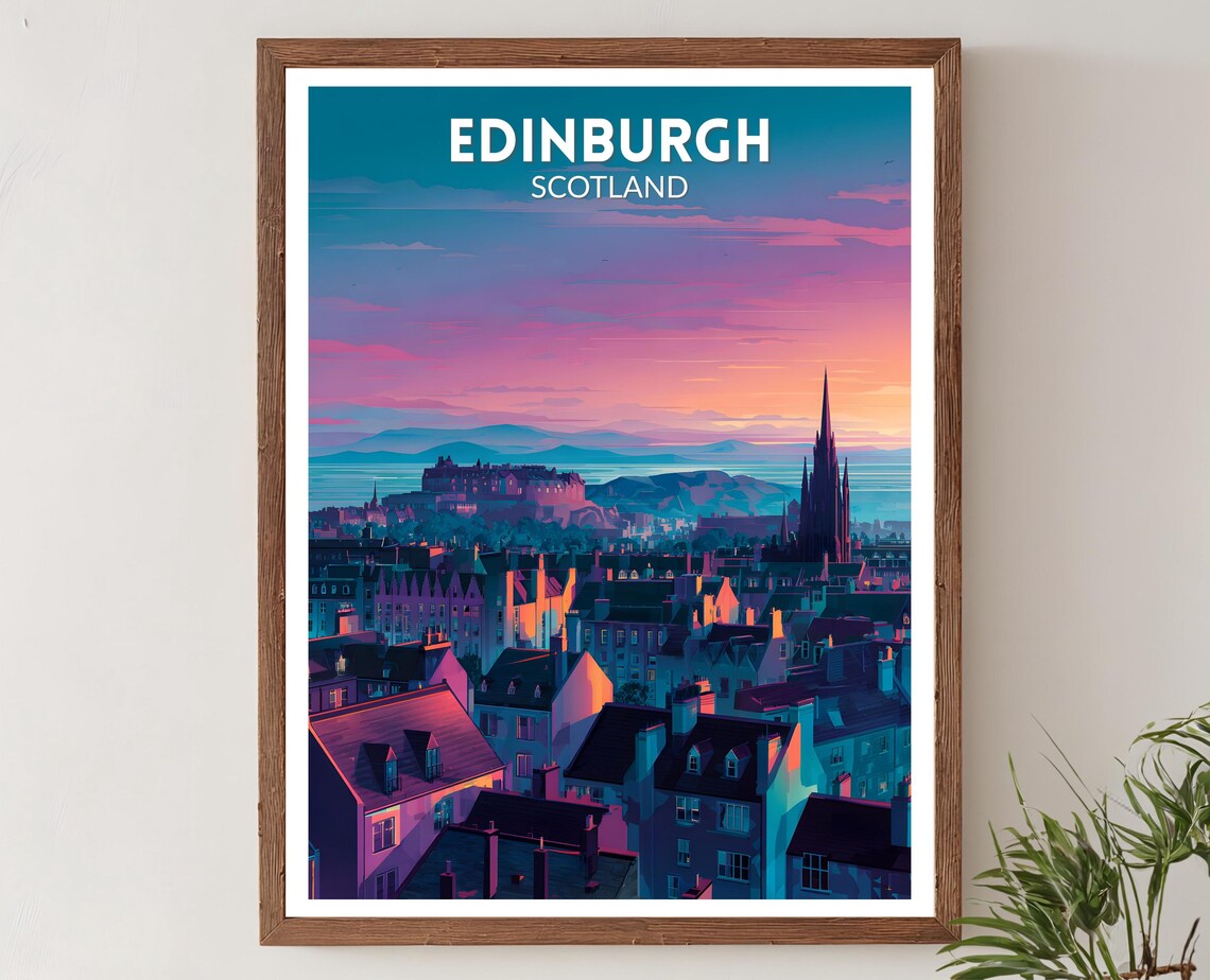 Edinburgh Scotland Vibrant Retro Castle Skyline Sunset Travel Poster