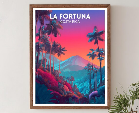 La Fortuna Costa Rica Volcano Sunset Retro Futuristic Travel Poster