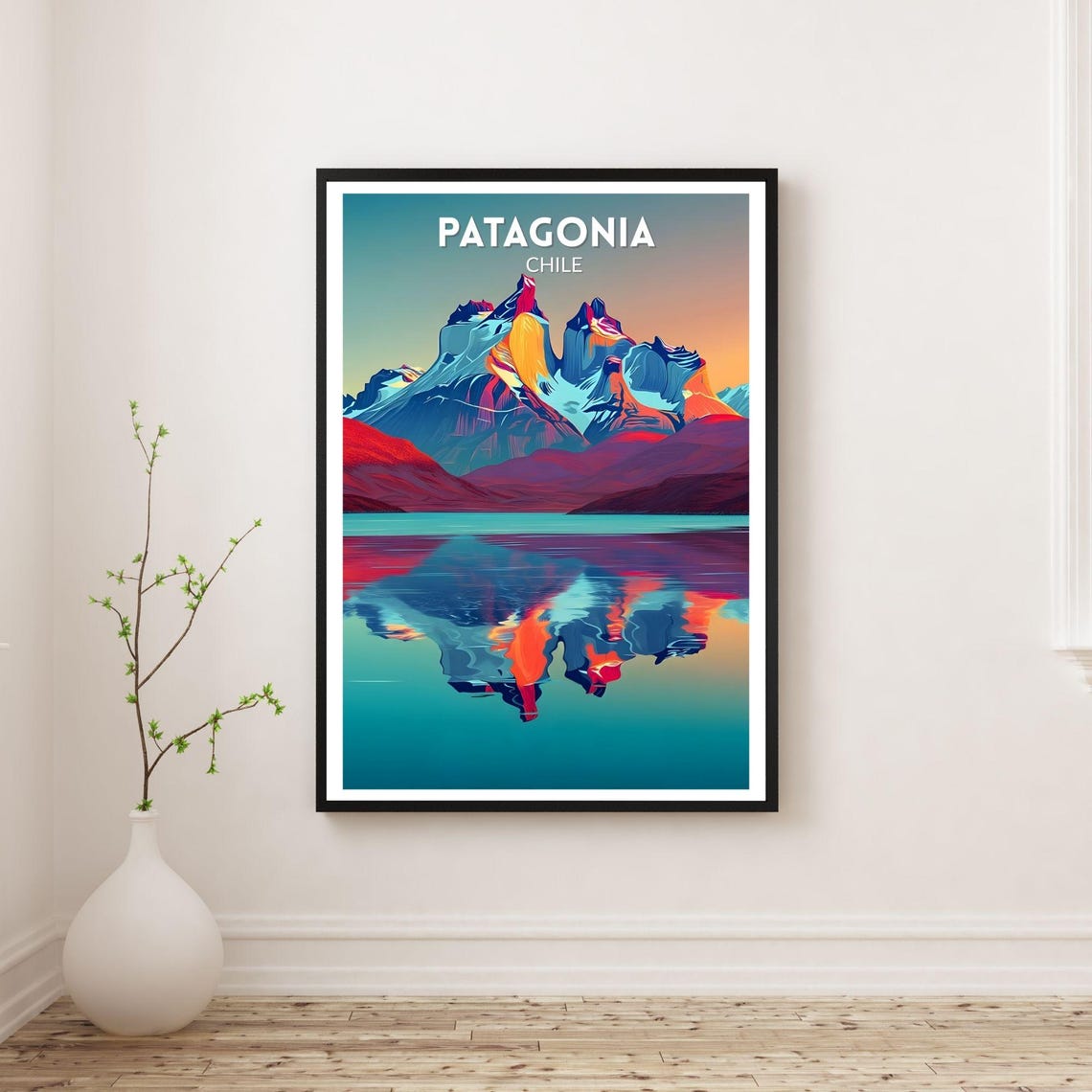 Patagonia Chile Mountain Reflection Neon Retrofuturistic Poster