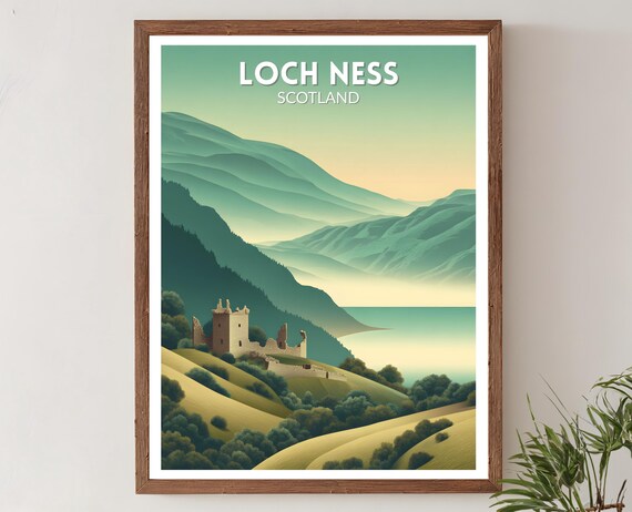 Loch Ness Scotland Retro Travel Poster Castle Ruins Green Hills