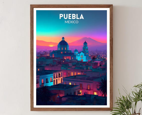 Puebla Mexico Vibrant Travel Poster Retro Futuristic Wall Art Print Colorful Cityscape Modern Latin Decor