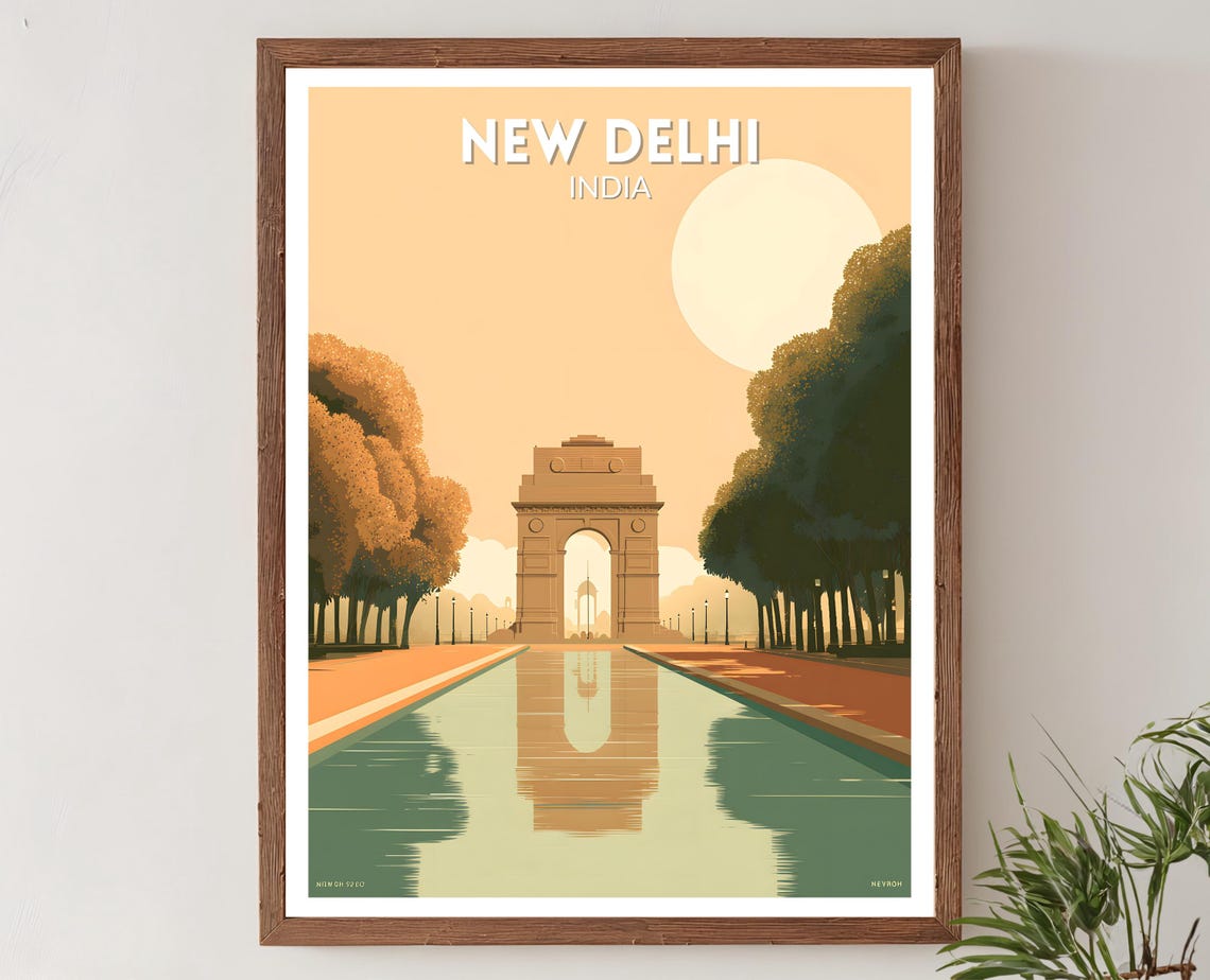 New Delhi India Retro Travel Poster India Gate Landmark Reflection