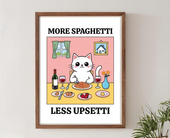 More Spaghetti Less Regretti Cat Print Retro Kitchen Poster Italian Pasta Wall Art Funny Illustration Bistro Cafe Decor Quote
