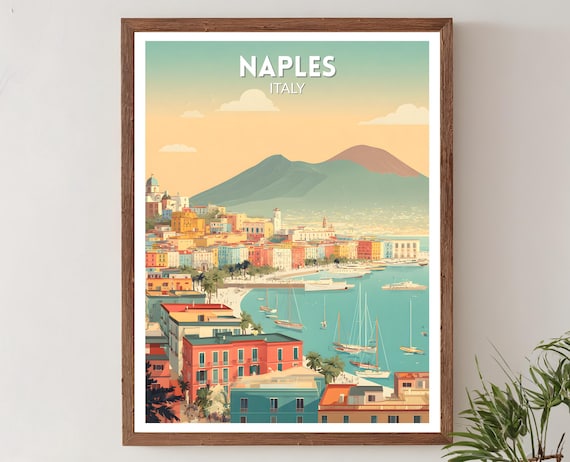 Naples Italy Retro Mid Century Modern Seaside Vesuvius Travel Poster