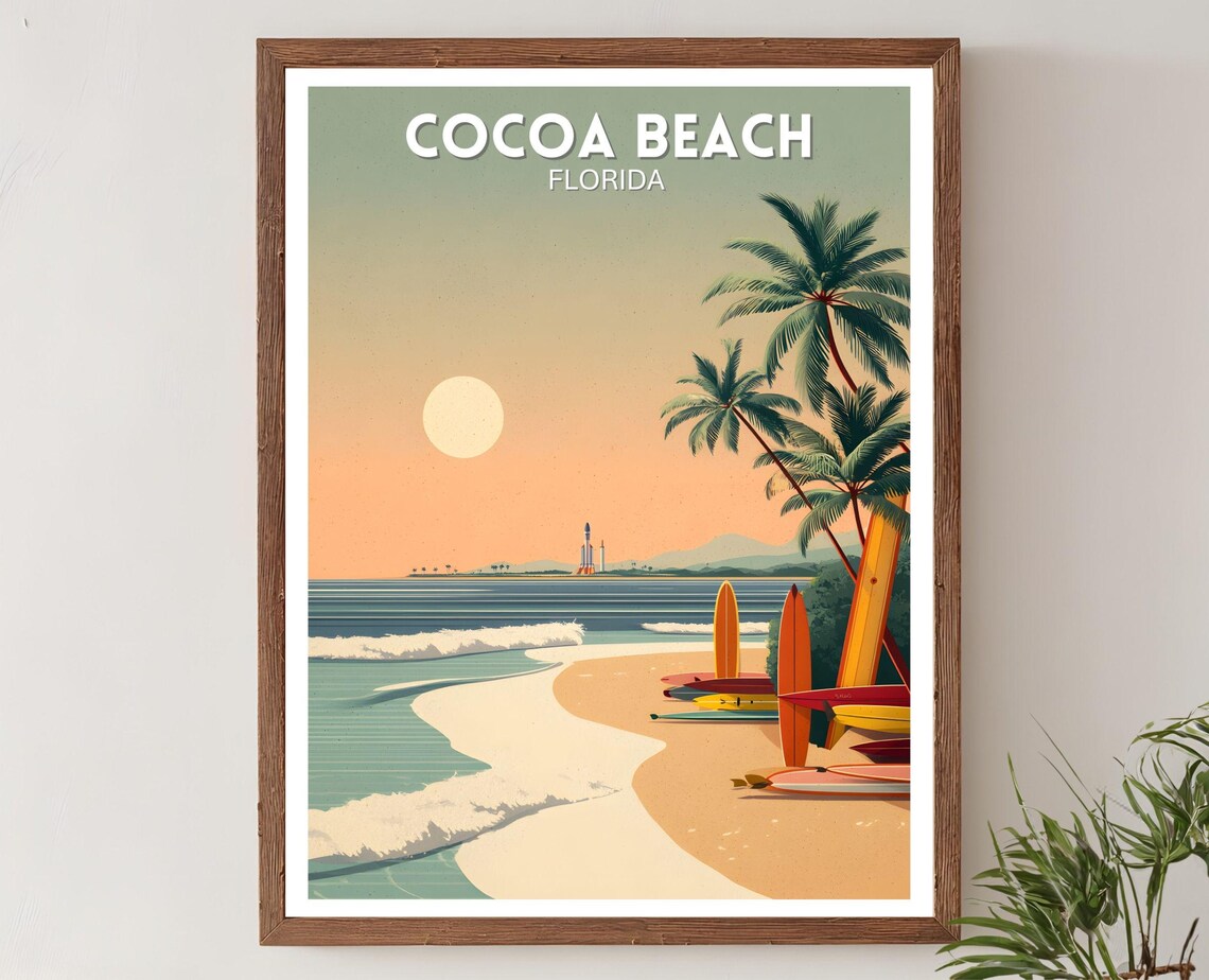 Cocoa Beach Florida Vintage Travel Poster, Retro Coastal Decor