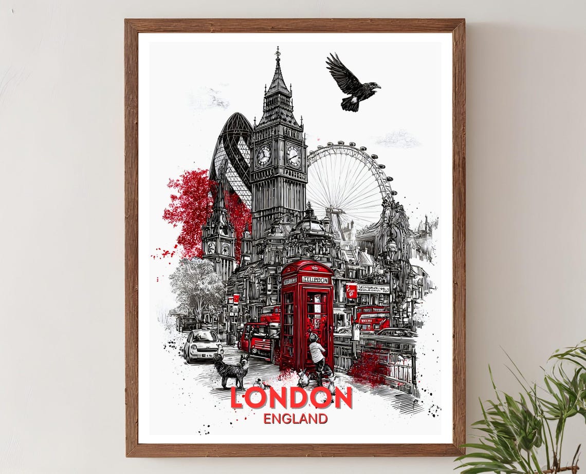 London England Ink Sketch Big Ben Phone Box London Eye Art Poster