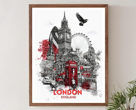London England Ink Sketch Big Ben Phone Box London Eye Art Poster