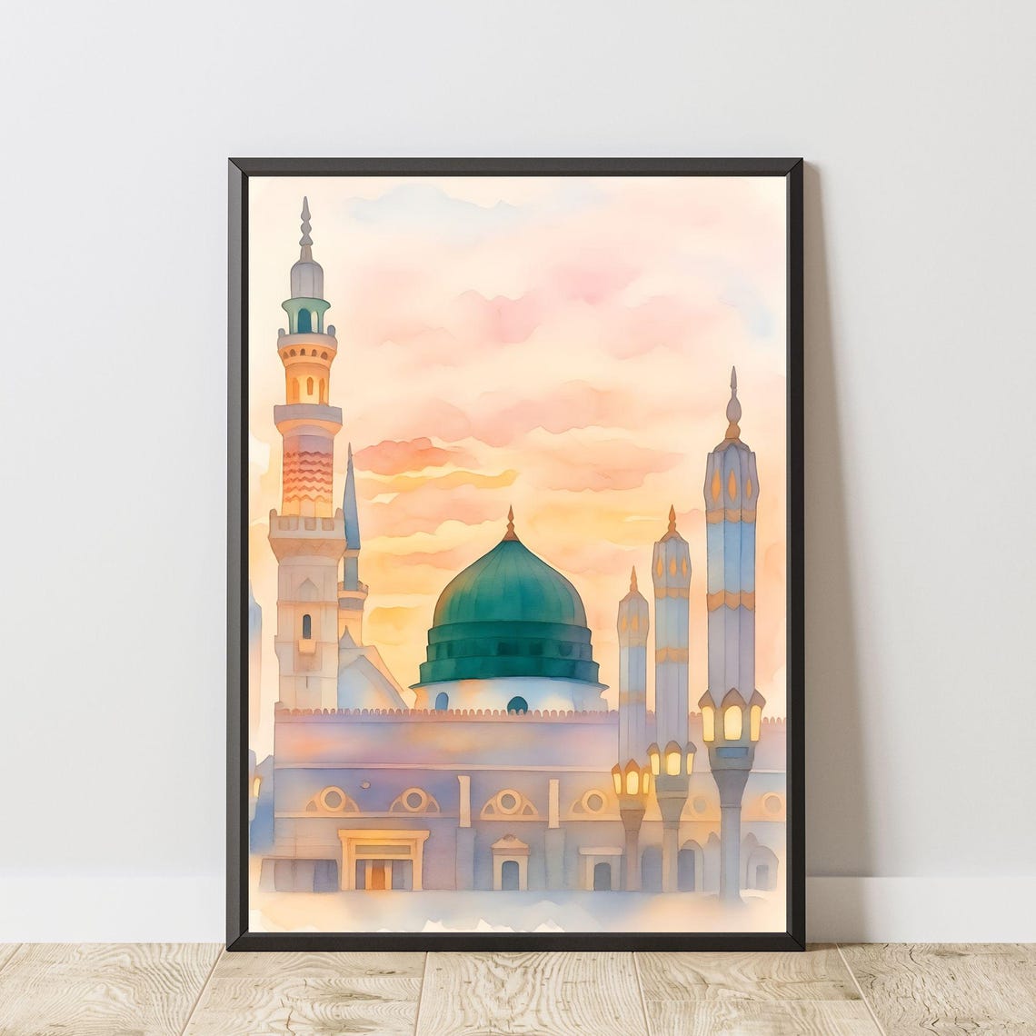 Al Masjid Nabawi Sunset Watercolor Medina Green Dome Sky Poster