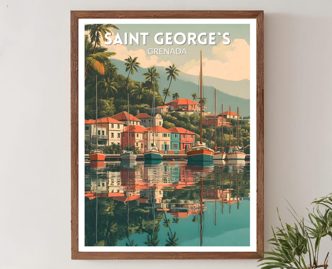 Saint Georges Grenada Retro Harbor Mid Century Modern Travel Poster