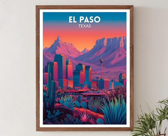 El Paso Texas Sunset Skyline Mountains Retro Desert Travel Poster