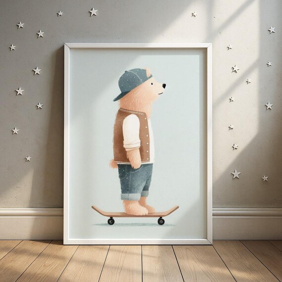 Bear in Baseball Cap and Varsity Vest Standing on Skateboard Poster