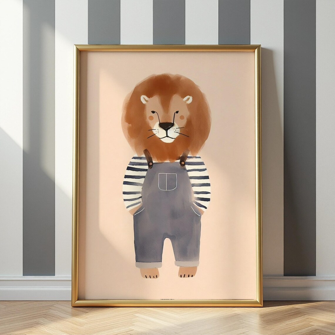 Minimalist Lion Portrait in Overalls Kids Room Nursery Wall Art